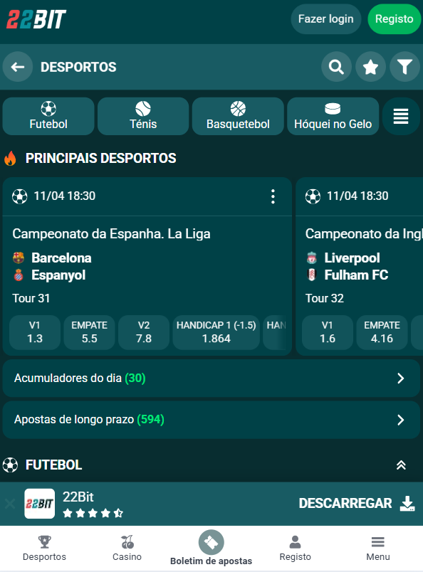 Apostas Desportivas no 22Bit PT Primeira Liga, Champions League e E-Sports