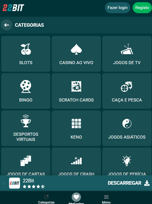 Casino 22Bit Portugal 9.000+ Jogos e RTP de 97,40%