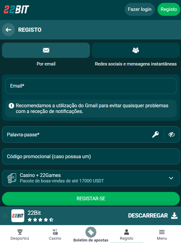 Criar conta no 22Bit PT sem documentos, sem espera